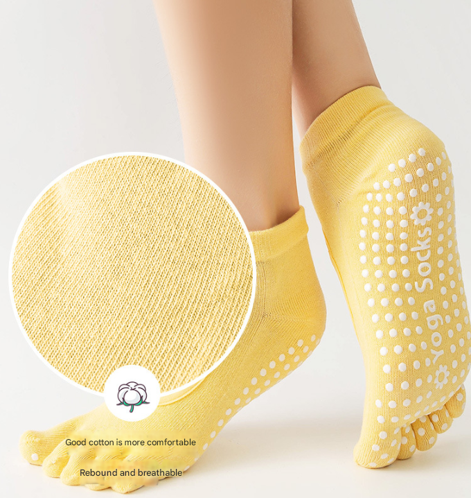 Yellow 3-Pack Women%27s Non-Slip Five-Finger Yoga Socks - Open Back Combed Cotton Pilates & Fitness Grip Socks for Professional Exercise