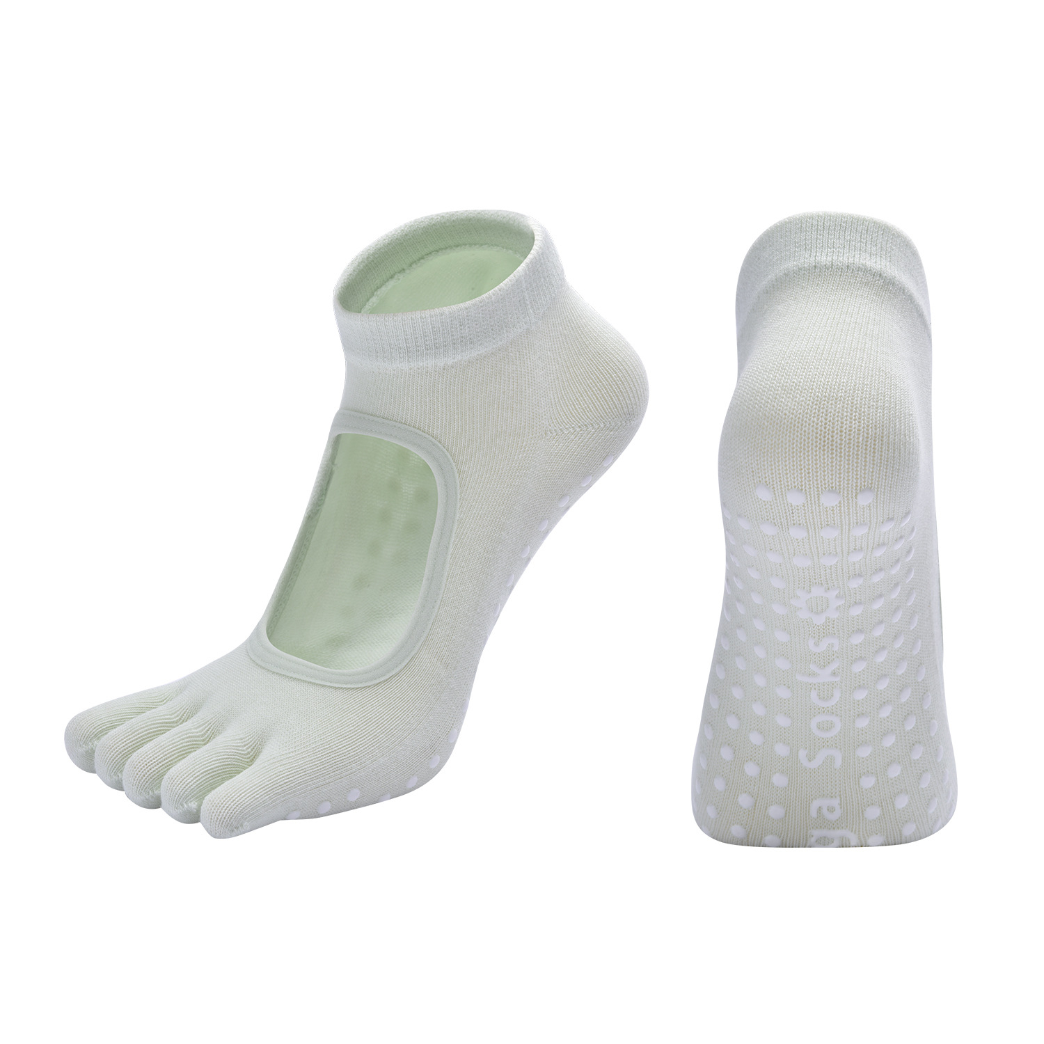Macaron Green 3-Pack Women%27s Non-Slip Five-Finger Yoga Socks - Open Back Combed Cotton Pilates & Fitness Grip Socks for Professional Exercise