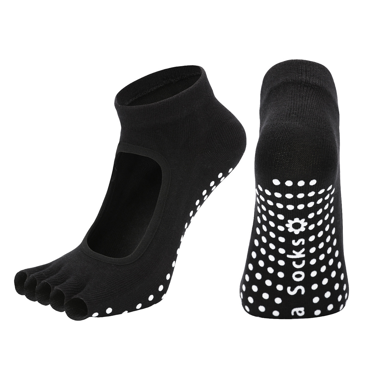Black 3-Pack Women%27s Non-Slip Five-Finger Yoga Socks - Open Back Combed Cotton Pilates & Fitness Grip Socks for Professional Exercise