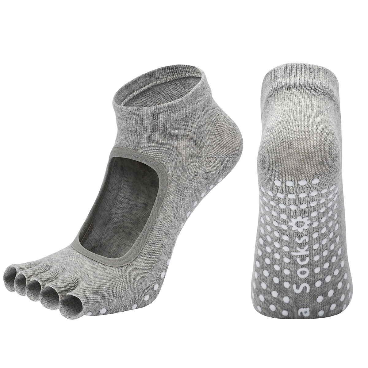 Light Grey 3-Pack Women%27s Non-Slip Five-Finger Yoga Socks - Open Back Combed Cotton Pilates & Fitness Grip Socks for Professional Exercise