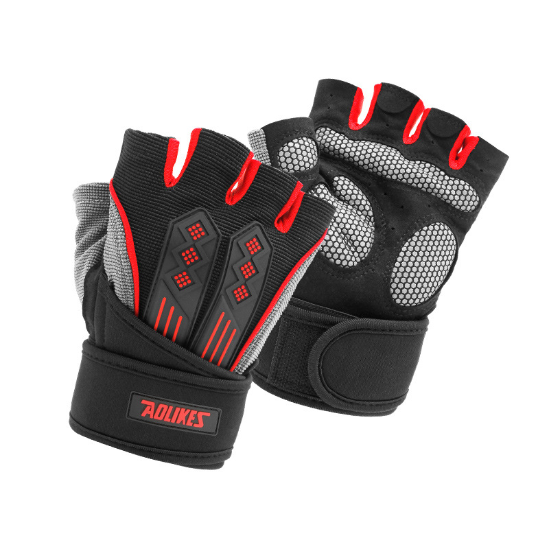 XL Red Fingerless Workout Gloves with Wrist Support - Non-Slip